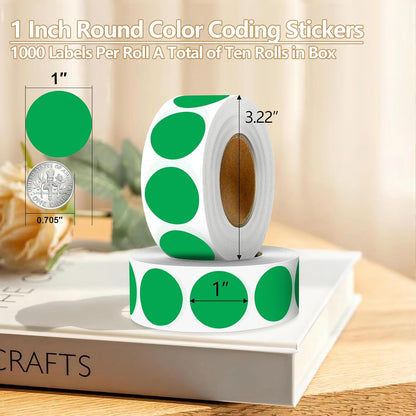 Green 1 Inch Round Color Coding Dot Labels, 10 Rolls 10000 Dot Stickers in Dispenser Box - Permanent Adhesion, Vibrant Colors, Highly Visible