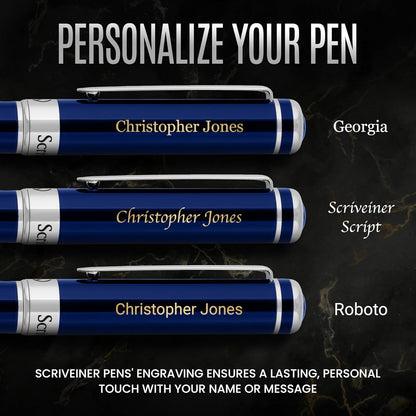 Scriveiner Personalized Midnight Blue Pen - Stunning Blue Lacquer Luxury Pen, Chrome Finish, German Schmidt Nib (Medium), Best Engraved Fountain Pen Gift Set for Men & Women, Name Engraving