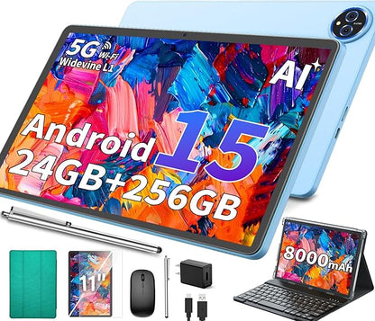 11 Inch Tablet Android 15 Tablet, 2026 Tablets with keyboard, 24GB+256GB+2TB Expand, 2 in 1 Tablets with Case Mouse Stylus, 8000mAh Battery, Octa-Core, Supports Widevine L1, 5G WiFi, GPS (Green Case)