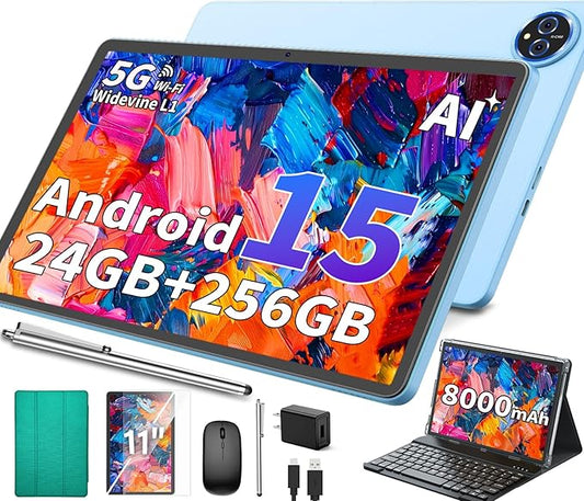 11 Inch Tablet Android 15 Tablet, 2026 Tablets with keyboard, 24GB+256GB+2TB Expand, 2 in 1 Tablets with Case Mouse Stylus, 8000mAh Battery, Octa-Core, Supports Widevine L1, 5G WiFi, GPS (Green Case)