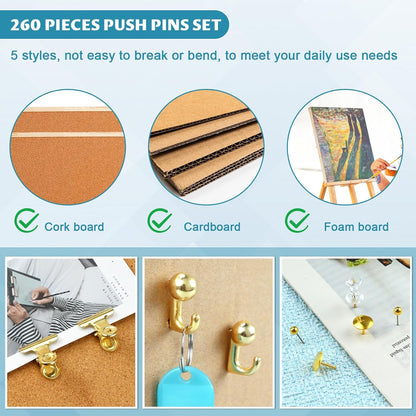 350 Pcs Gold Push Pins Set 5 Styles Decorative Thumb Tacks Assorted Push Pins for Bulletin Board, Cork Board