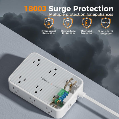 Surge Protector Power Strip, TESSAN 5FT Flat Extension Cord with Multiple Outlets, 12 Outlet Extender with 4 USB (2 USB-C), Flat Plug Power Strip, 1800J Surge Protection, Office, Dorm Essentials