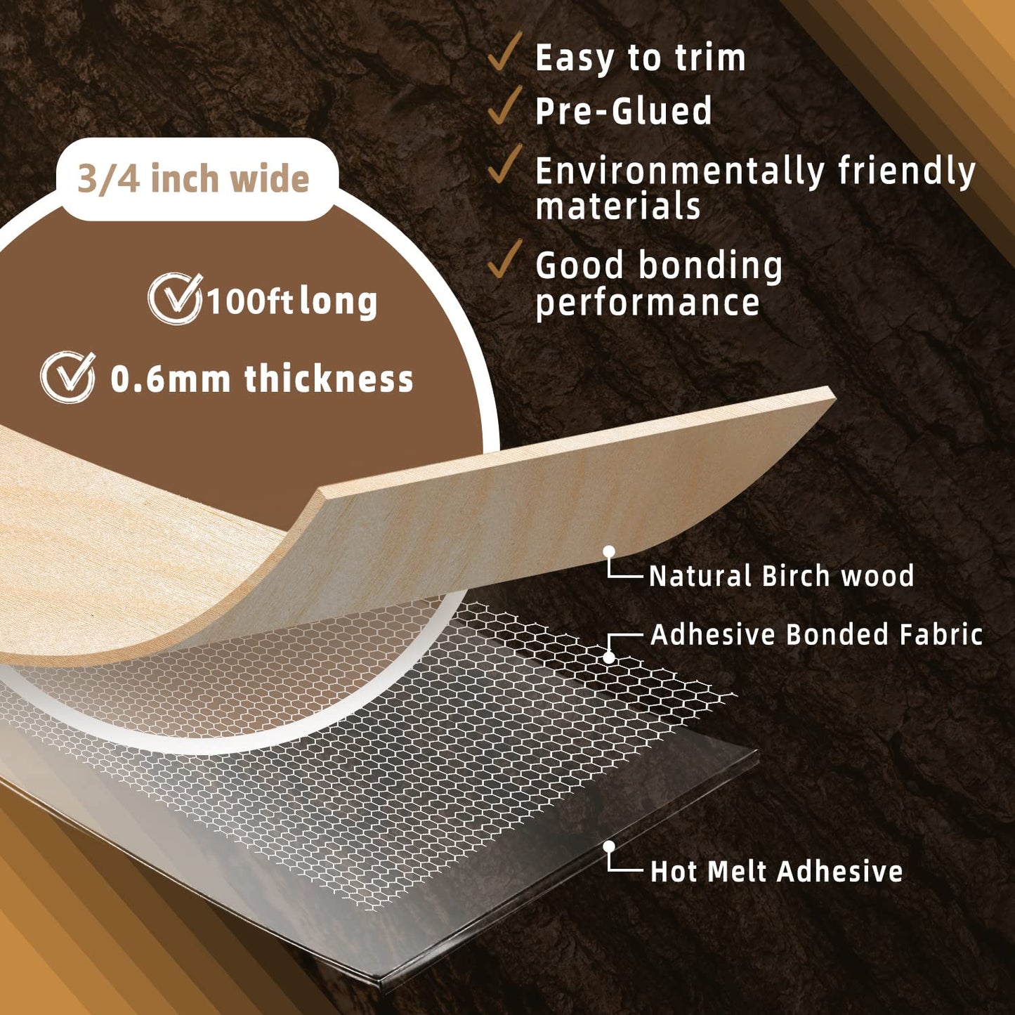 GSCIT Club Birch Edge Banding, 3/4 inch x 100ft roll of Veneer Edge Banding - Pre-glued Flexible, Real Wood Tape for Cabinet Repair & Furniture Restoration