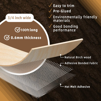 GSCIT Club Birch Edge Banding, 3/4 inch x 100ft roll of Veneer Edge Banding - Pre-glued Flexible, Real Wood Tape for Cabinet Repair & Furniture Restoration