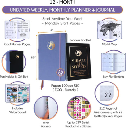 Life Planner - Undated Daily, Weekly & Monthly Planner with Budget Section | A 12 Month Journey to Increase Productivity & Happiness | Life Organizer & Gratitude Journal - Horizontal Format