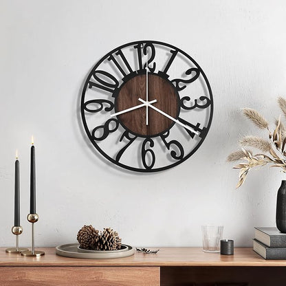 Maxstar Wall Clock Battery Operated,Silent Non-Ticking Modern Rustic Metal Round Clocks Small for Living Room/Bedroom/Office/Kitchen/Farmhouse Home Decor-10 Inch(Brown-Wood)