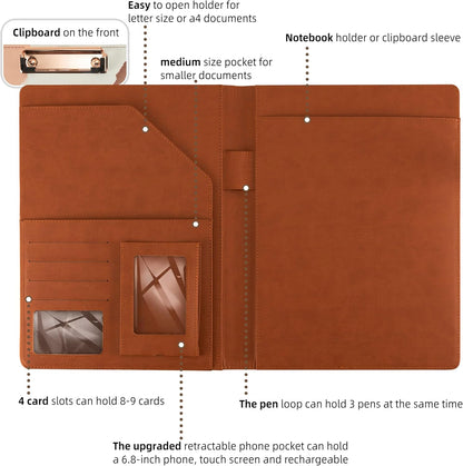 Clipboard Folio Folder Portfolio with Notepad-Pocket Business Card Holder Brown Faux PU Leather Portfolio