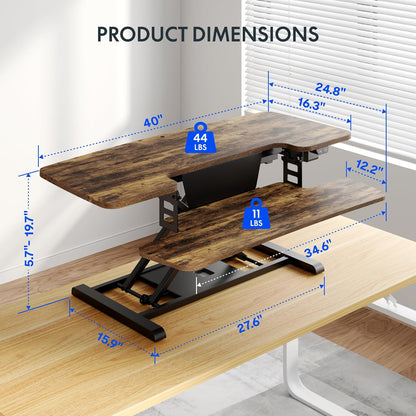 FLEXISPOT 40 inch Electric Motor Desk Converter, Sit to Stand Monitor and Laptop Workstation, Height Adjustable Riser with Wide Keyboard Tray, Rustic Color