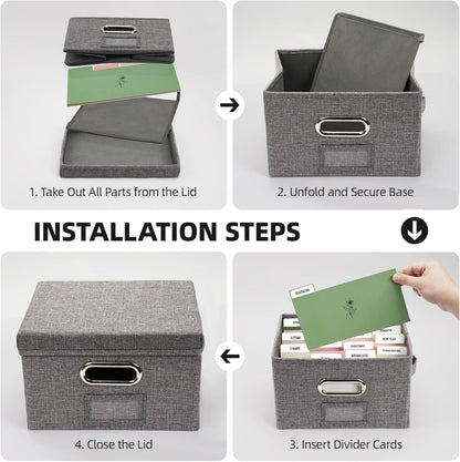 Greeting Card Storage Box, Linen Storage Box with 32 Adjustable Dividers, 168 Labels, 2 Marker Pen, Perfect for Organizing Greeting Cards, Envelopes, Photos 2 Pack Grey