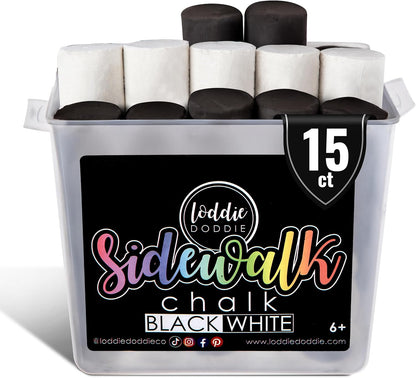 Loddie Doddie Sidewalk Chalk Jumbo Sticks - 15 Count Bucket, 10 Black & 5 White - Non-Toxic Low-Dust Sticks For Kids & Adults - Outdoor Chalk Bucket For Kids Activities