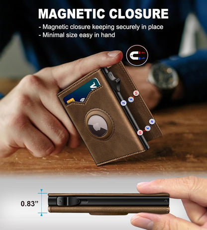 Airtag Wallet for Men,with Cash Pocket 2 ID Window 9-12 Cards,Metal Case Smart Slim Pop Up Credit Card Holder Flip with Magnetic Closure RFID Blocking Trifold wallet with Gift Box