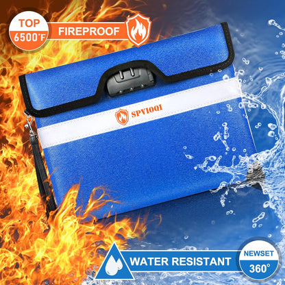SPVIOQI 6500F Fireproof Document Bag with Lock, Upgraded 10Layer Heat Insulated, Water Resistant, Blue, Large, Rectangular, Fireproof Money Bag for Documents, Cash, Valuables