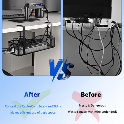 No Drill Under Desk Cable Management Tray – Clamp-On Metal Cable Organizer for Power Cords – Easy Install Wire Holder for Home Office Desk (Black)