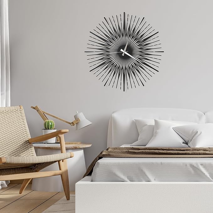 Sun Rays Wall Clock, Large Metal Decorative Wall Clock, Modern Minimalist Wall Decor (Black, Small)