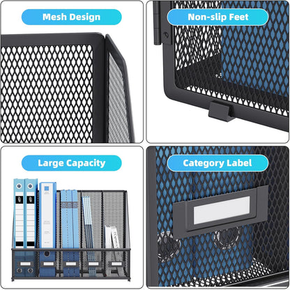 Marbrasse Desk File Organizer with 5 Vertical Compartments Mesh Magazine File Holder for Office, Home, School