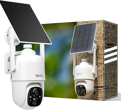 Sovmiku CQ1 AI 2K Solar Security Camera Wireless Outdoor, Battery Powered Cam, Two-Way Audio,PIR Motion Detection, Easy to Setup, Pan/Tilt 360° View,Color Night Vision,Audible Flashlight Siren,SD Slot