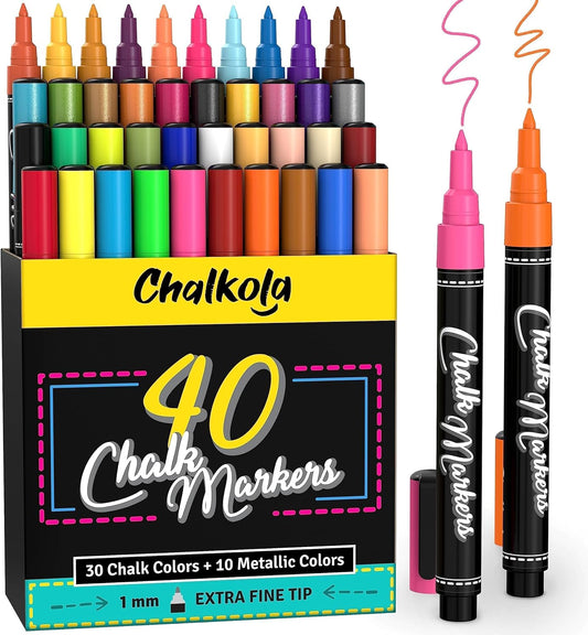 Extra Fine Tip Chalk Markers - (1mm Tip, Pack of 40) Neon, Pastel & Metallic | Erasable Liquid Chalk Pens for Chalkboard, Blackboard, Window, Labels, Bistro, Glass - Wet Erase Markers Fine Point