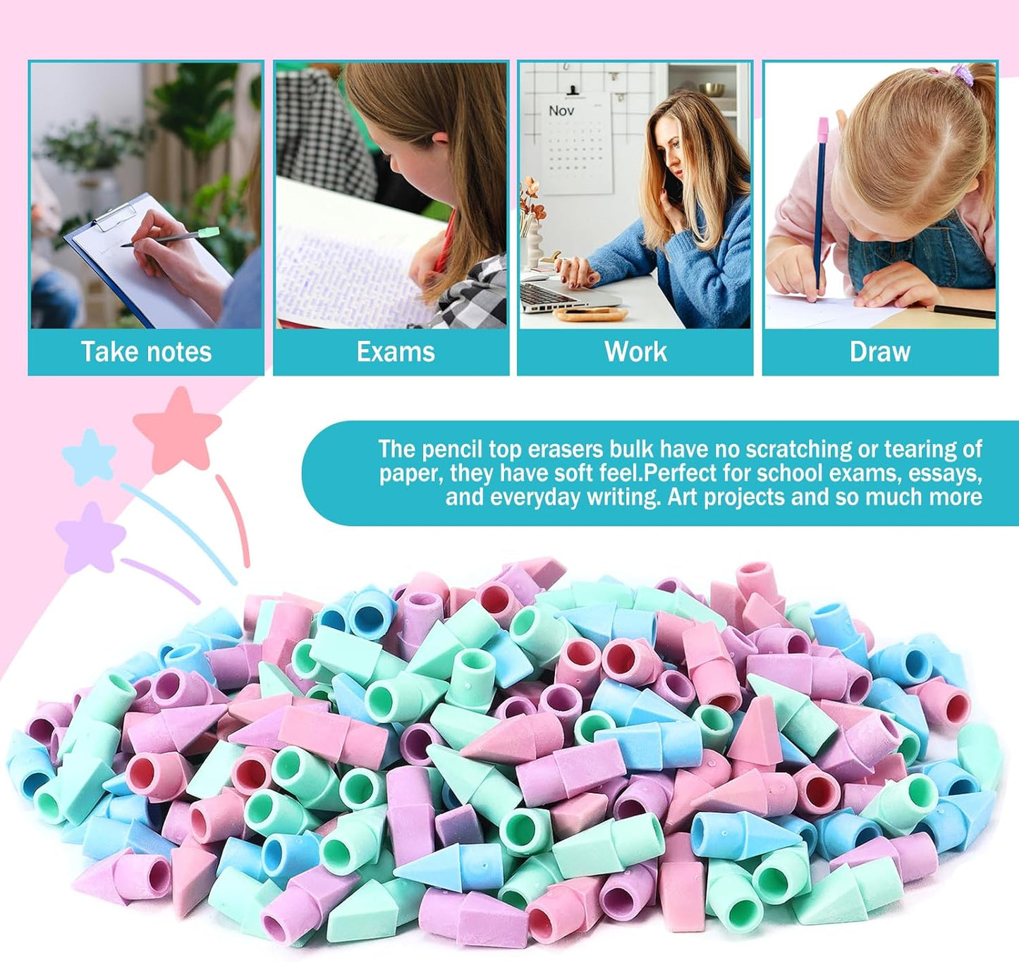 PRALB 400PCS Pencil Top Eraser Bulk Caps for Pencils,Chisel Shape Erasers Toppers for Party Favors Games Prizes, Pencil Top Erasers Cap for Home School Classroom Office Cool Color Series