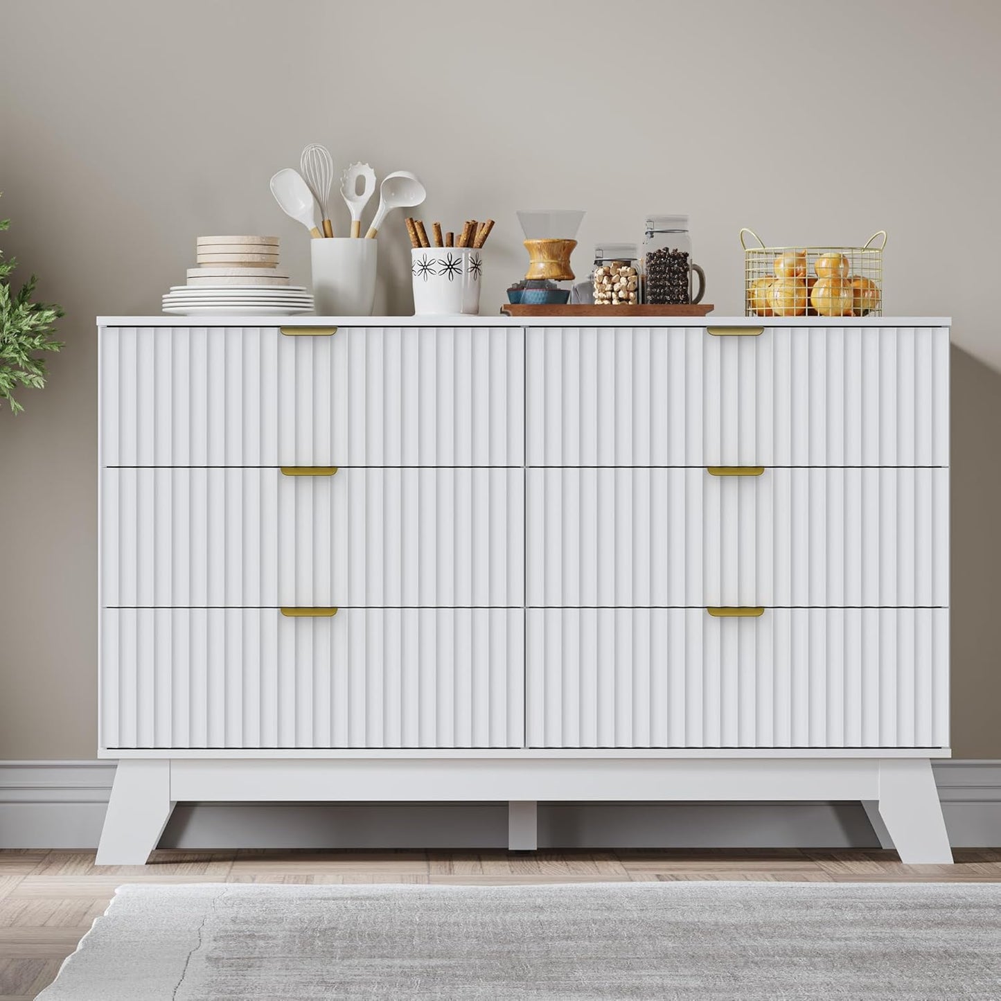 Fluted 6 Drawer Dresser, 47.2" Wide Modern Boho Chest of Drawers, Wooden Storage Dresser TV Stand for Bedroom, Living Room, Closet, Hallway, Curved Profile Design