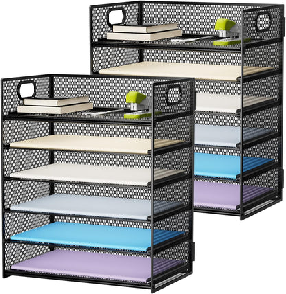 Marbrasse 2 Pack Desk Organizer with Handle, 6 Tier Paper Letter Tray, Mesh Desk File Organizer for Office, School and Home