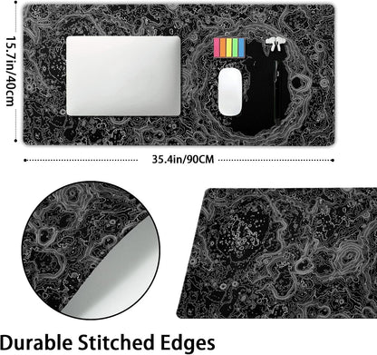 Black Whtie Topographic Gaming Mouse Pad XXL Topo Moon Relief Map Extended Large Mat Mousepad Desk Pad Non-Slip Rubber Base Stitched Edge Long Mousepad for Desktop Office Desk, 35.4 x 15.7 in