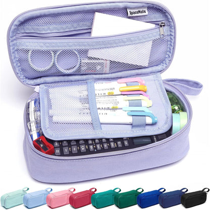 Pencil Case Pouch Box Bag School Supplies Girls Boys Kids, Cute Preppy Stuff Large Big Capacity Aesthetic Pen Organizer, Back to College Stationary, Purple, Heavy Duty Canvas, 1800ml