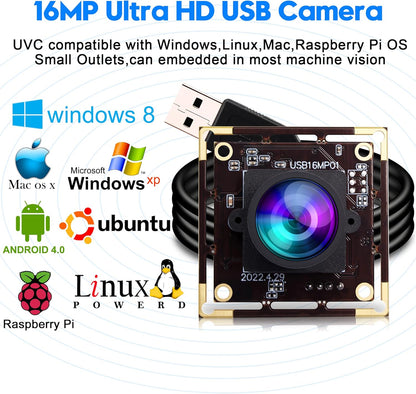 ELP 16MP Wide Angle USB Camera Module for Raspberry Pi and Computer 4K Mini UVC USB2.0 Video Webcam Board with 118degree No Distortion Lens IMX298 Industrial PC Lightburn Camera for Laptop,Jetson Nano