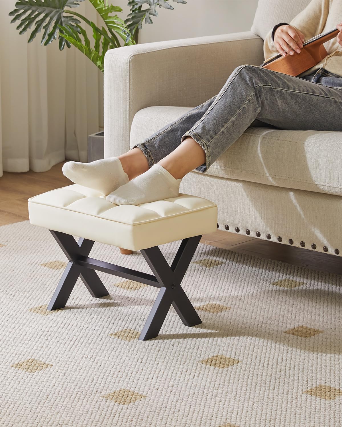IBUYKE Small 12" H Footrest Stool, Square PU Foot Stool with Metal X-Leg, Multi-Use as Small Side Table, Step Stool for Living Room, Bedroom, Entryway, Office, White WBD012W