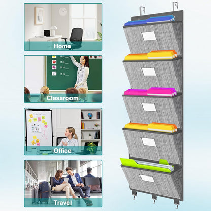 homyfort Over the Door File Organizer, Hanging File Folders, Wall Organizers and Storage for Mail, Magazine, Notebooks, Planners, Office, Classroom, 5 Extra Large Pockets, 50.39” Tall (Grey)