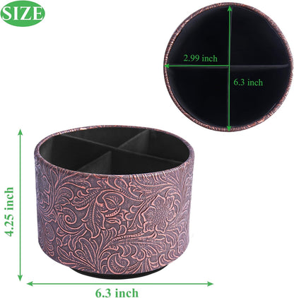 lizimandu Round Leather Art Supply Organizer,Remote Control Holder,360 Degree Spinning,Multi-Functional Pencil Holder,4 Compartments Desktop Stationary Organizer(1-Carved Cooper Red)