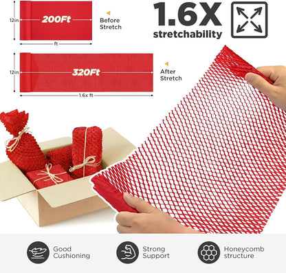 Honeycomb Packing Paper, 12"x200' Red | Perforated Honeycomb Packing Paper Recyclable Moving Supplies for Shipping & Moving | Plastic-Free Alternative to Bubble Cushion Wrap with 36 Fragile Stickers