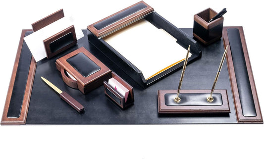 Dacasso Wood & Leather Desk Set - Luxury Leather Desk Pad & Desk Organization Essentials - Office Organization & Executive Desk Decor - (Walnut and Black, 8 Piece)