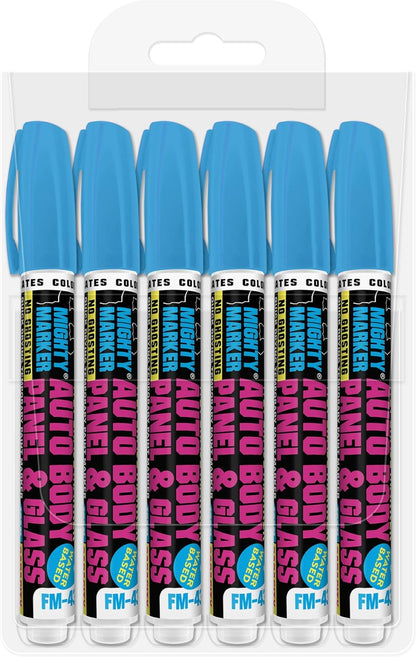 FM-43 Auto Body and Glass Paint Marker, No-Ghost, Highly Water-Resistant, 2.3mm Bullet Tip, Valve Action, 6 Bonus Reversible Tips, Made in USA - Fl. Blue 6 pack