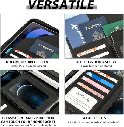 Leather Clipboard with Storage, Zippered Padfolio Portfolio Organizer, 3 Ring Binder 1 Inch, Notepad, Tablet Sleeve, 5 Dividers with Pocket, Stickets for Office, Nurses, Students, Teachers Black