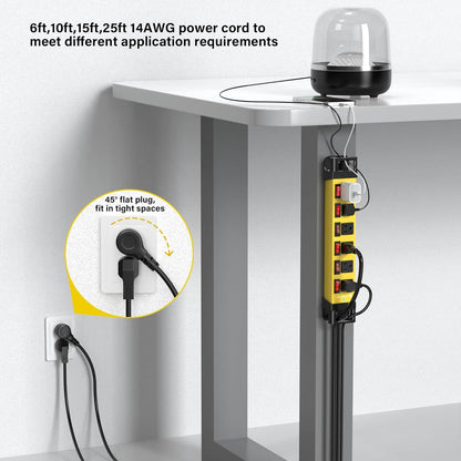 Heavy Duty Power Strip - 6 Outlet Power Strip with 6 Individual Switches Cord Manager Surge Protector 1200J Home Office Garage Industrial Workshop
