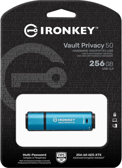 Kingston IronKey Vault Privacy 50 256GB Encrypted USB | FIPS 197 | AES-256bit | BadUSB Attack Protection | Multi-Password Options | IKVP50/256GB