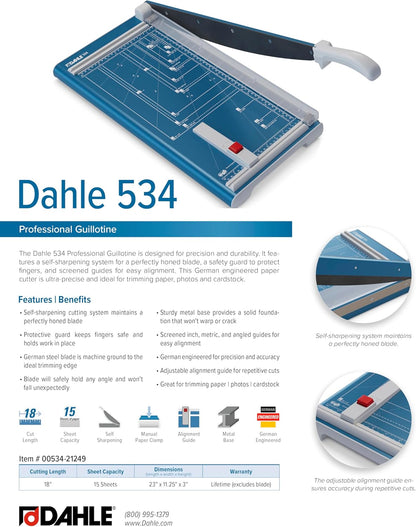 Dahle 534 Professional Guillotine Trimmer, 18" Cut Length, 15 Sheet Capacity, Self-Sharpening, Manual Clamp, German Engineered Paper Cutter