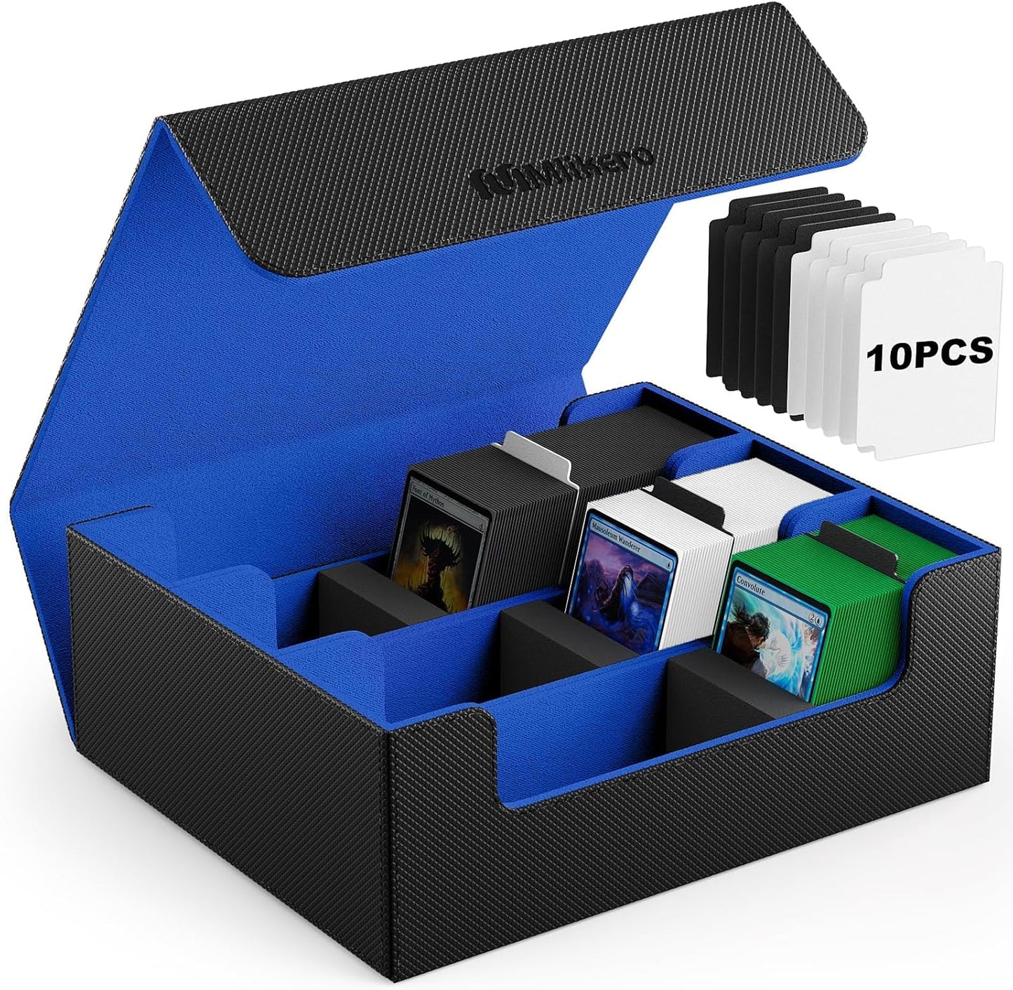 Mlikero Card Deck Case, 1800+ Trading Card Storage Box with 10 Dividers and 3 Foam Stoppers, Leather Magnetic Closure Commander Deck Box Fit for YuGiOh, MTG and Sport Cards(Black&Blue)