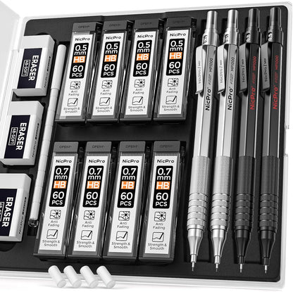 Nicpro 4 Pack Metal Mechanical Pencil Set 0.5 mm & 0.7mm with Case, Artist Pencil MP1000 with 8 Tubes HB & 2B Lead Refill, 3 Eraser, 9 Eraser Refill For Art Writing Drafting Drawing,Black & Silver