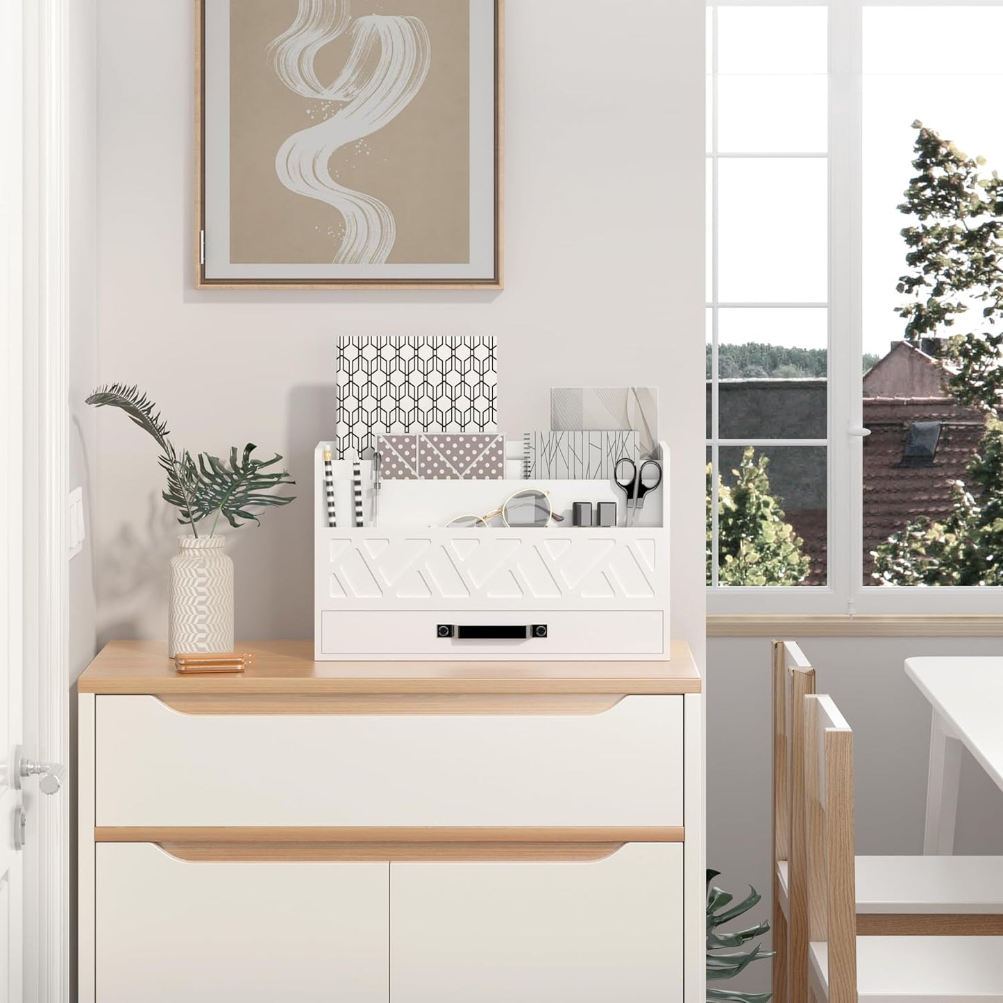 Bamboo Mail Organizer Countertop Wood Desk Organizer Drawer Tabletop Storage Box Letter Sorter Makeup Organizer for School Home Office Supplies White