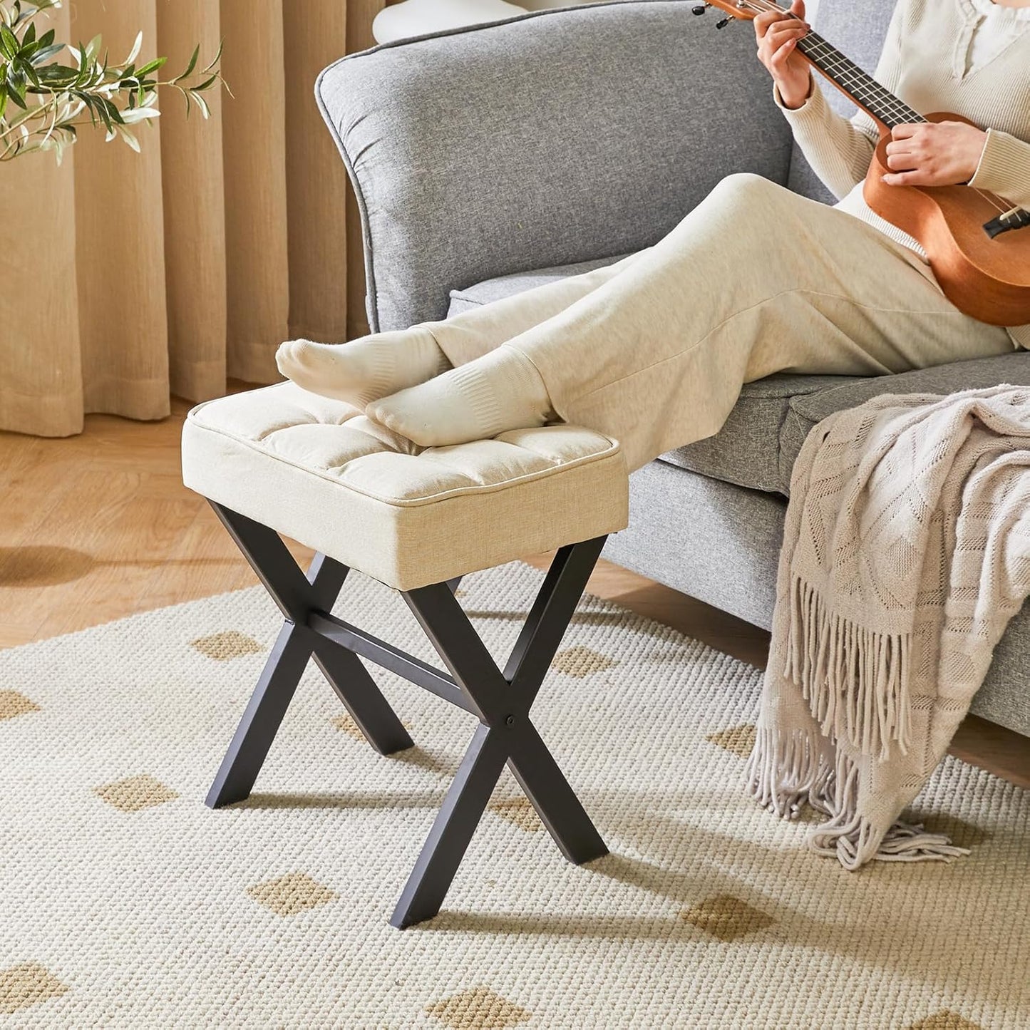 IBUYKE Square Makeup Stool with X-Leg Foot Rest, Linen Footrest, Ottoman Seat, Multi-Use as Small Side Table, for Bedroom, Living Room, Linen LG-70Y