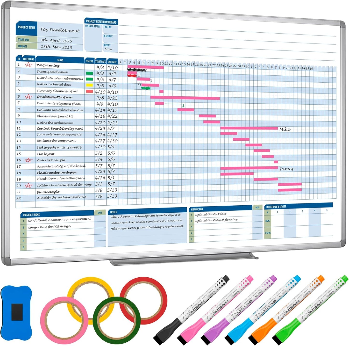 Business Gantt Chart Board – 40"x24" Professional Project Management Whiteboard with Tapes & Markers
