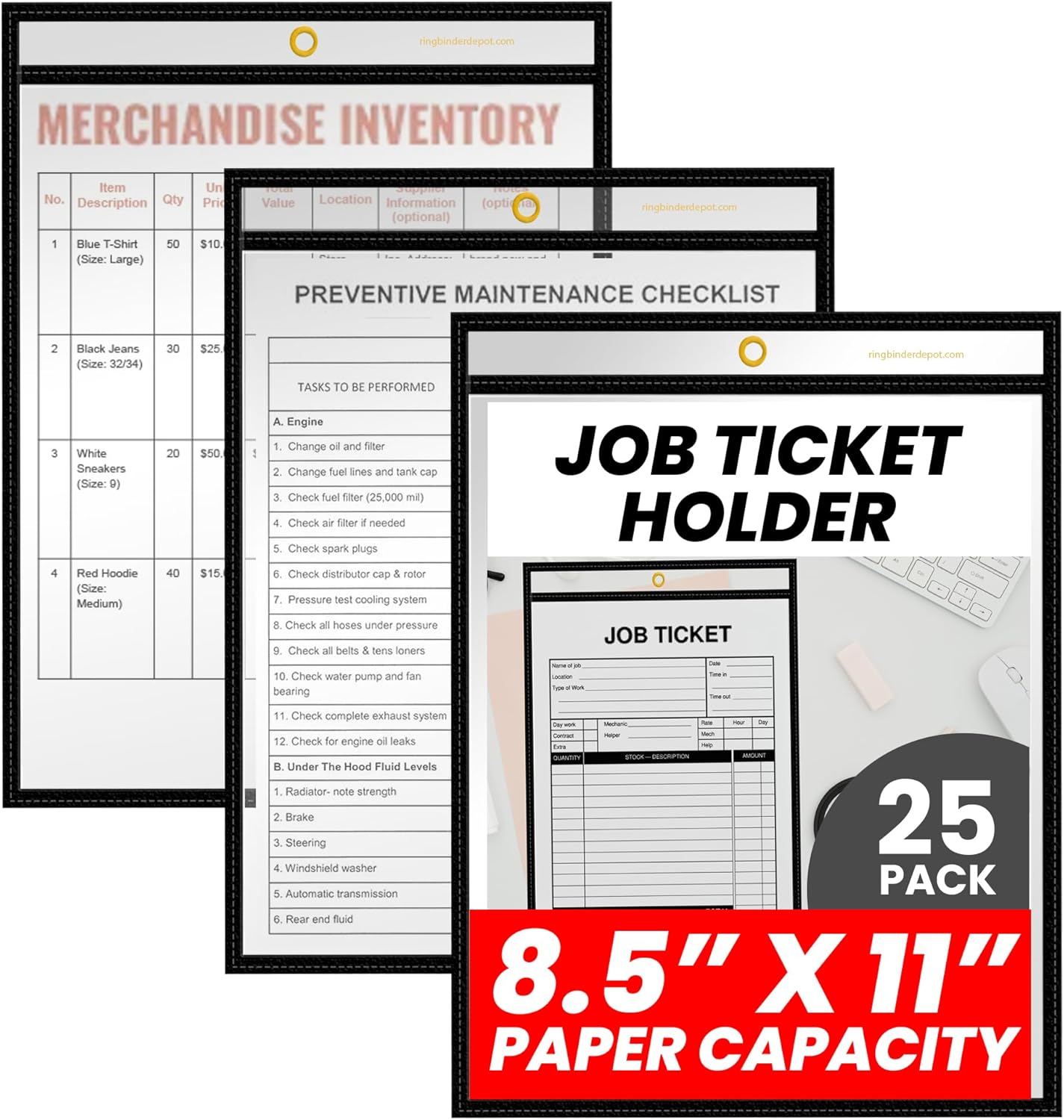 Office Werks Stitched Dry Erase Pocket, Portrait View Heavy Duty Reusable 8.5" X 11" Sleeves, Clear Both Sides with 1 Hole for Attaching to Machinery, File Cabinets and More, Black Trim (Pack of 25)