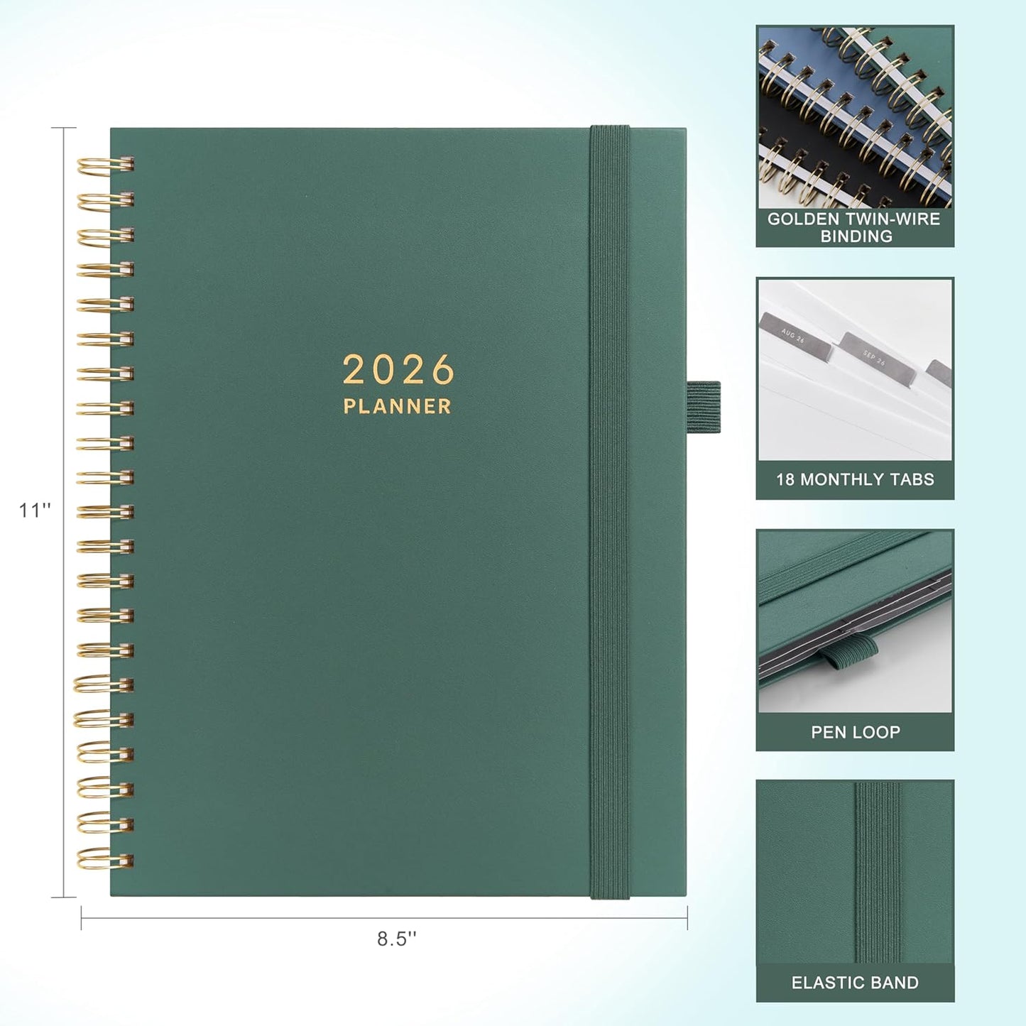 And Per Se 2026 Planner, A4 Size-Daily, Weekly & 18-Monthly Leather Hardcover Planner, Daily Schedule, Monthly Tabs, 100 GSM Thick Paper(Green)