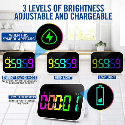 Kitchen Timer （1.5" Number） 10 RGB Color Changing Digital Magnetic Timer, Countdown/Up, Rechargeabilit, 3 Brightness Display, 3 Volume Levels and Vibration Mode, for Classroom, Study, Fitness