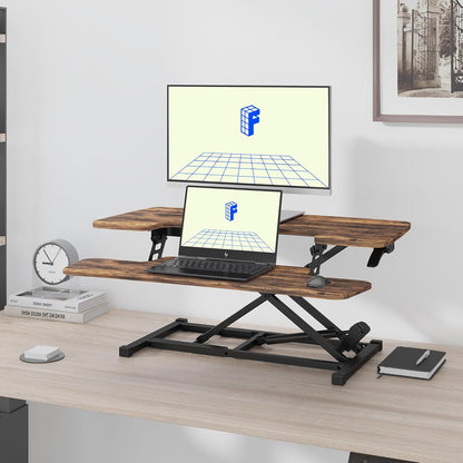FLEXISPOT 35" Height Adjustable Standing Desk Converter Sit-to-Stand Desk Riser with Wide Keyboard Tray Workstation for Home and Office, Rustic Color