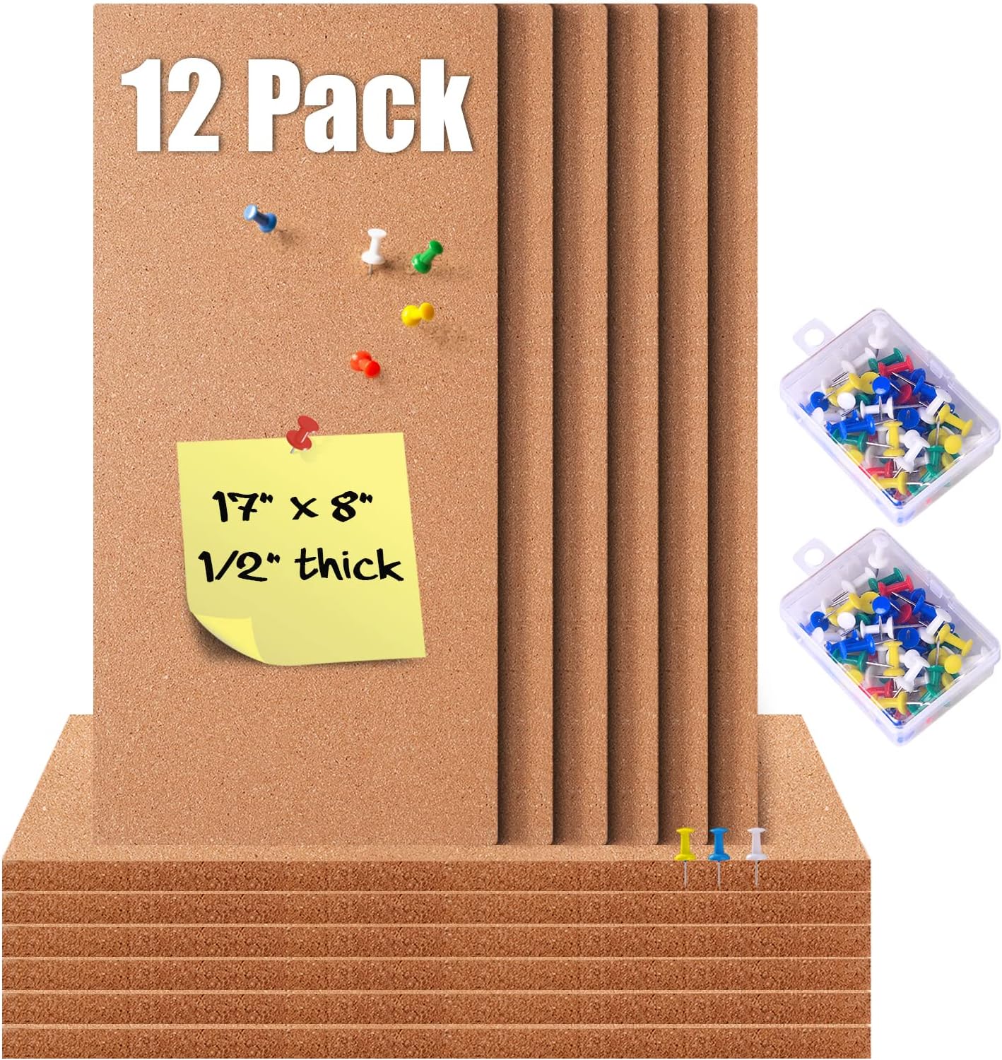 Transform Your Space with GARDYUE's 12-Pack Cork Bulletin Board Tiles - 17 x 8 Inches, 1/2" Thick, Self-Adhesive, Frameless, and Eco-Friendly - Perfect for DIY, Office, School, and Home Decor