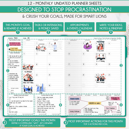 Hourly Planner - Undated Daily, Weekly & Monthly Planner with Budget Section | A 12 Month Journey to Increase Productivity & Happiness | Life Organizer & Gratitude Journal - Horizontal Format