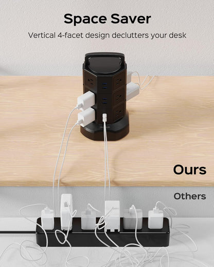 Power Strip Tower Surge Protector, JACKYLED 1625W 13A Outlet Surge Electric Tower, 12 Outlets 6 USB Ports Charging Station with 16AWG 6.5ft Heavy Duty Extension Cord for Home Office Dorm Black