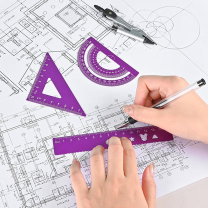 6 Pcs Metal Geometry Set, Math Geometry Kit, Metal Ruler Set and Compass Geometry Tool, Rulers Protractor and Compass Set for Student School and Drawings Supplies (Purple)